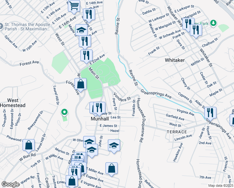 map of restaurants, bars, coffee shops, grocery stores, and more near 2331 Vondera Street in Munhall