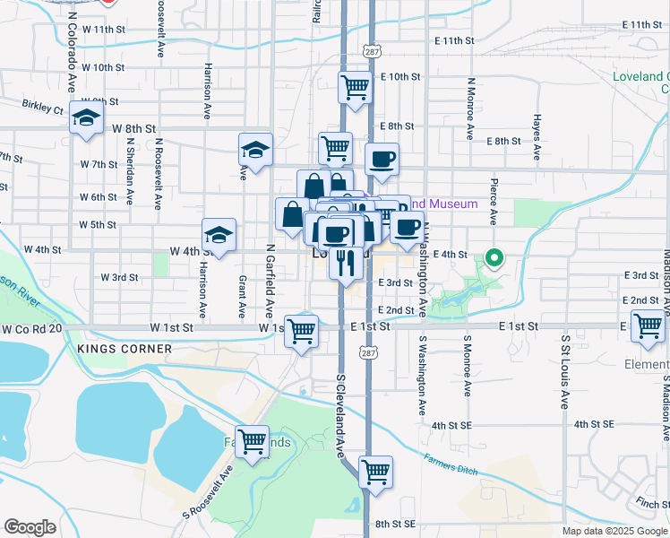 map of restaurants, bars, coffee shops, grocery stores, and more near in Loveland