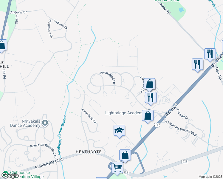 map of restaurants, bars, coffee shops, grocery stores, and more near 51 Cottonwood Court in South Brunswick Township