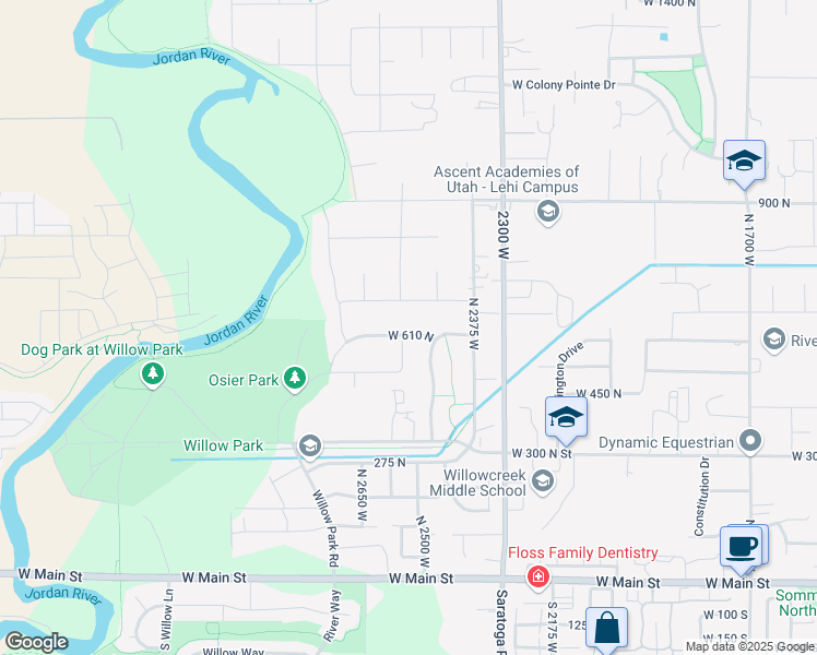 map of restaurants, bars, coffee shops, grocery stores, and more near 2512 West 610 North in Lehi