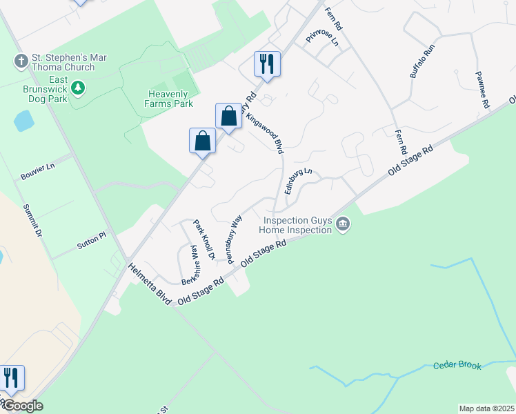 map of restaurants, bars, coffee shops, grocery stores, and more near 9 Pennsbury Way in East Brunswick
