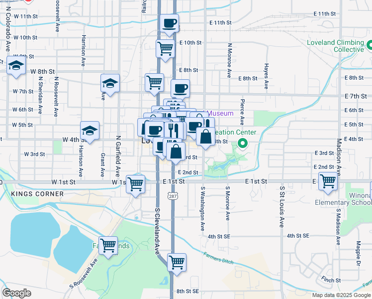 map of restaurants, bars, coffee shops, grocery stores, and more near 349 North Jefferson Avenue in Loveland
