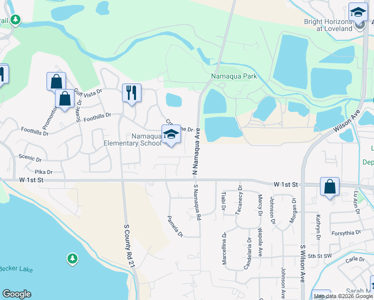 map of restaurants, bars, coffee shops, grocery stores, and more near 264 Medina Court in Loveland