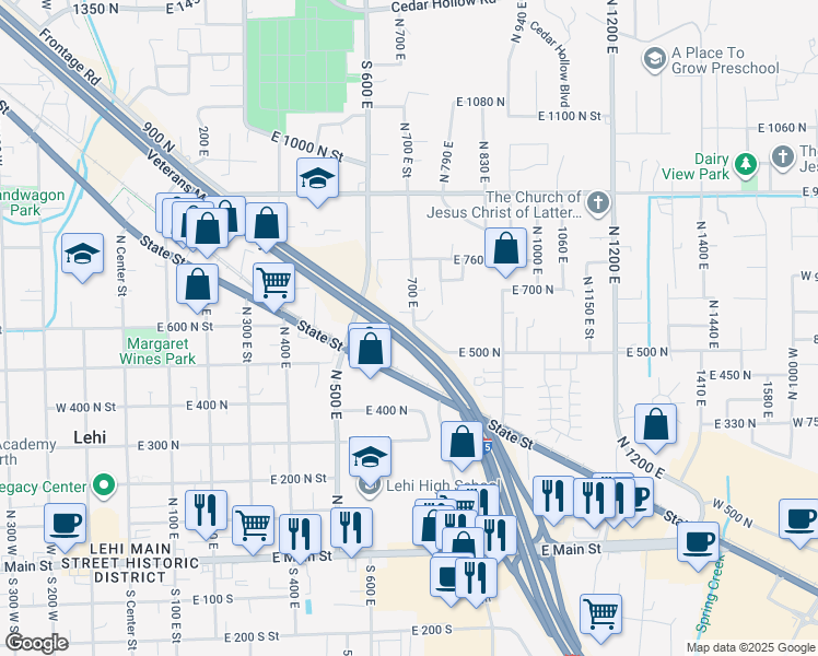map of restaurants, bars, coffee shops, grocery stores, and more near 428 East 500 North in Lehi