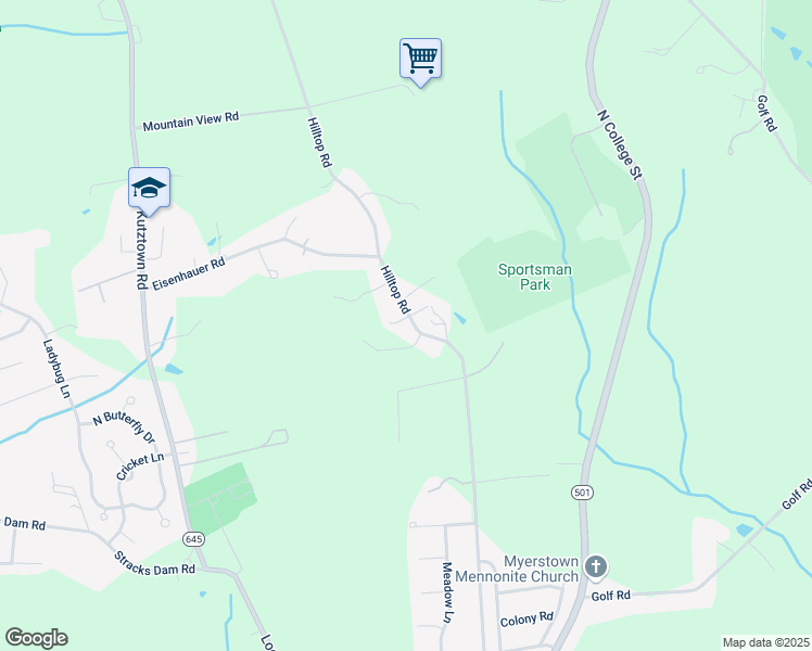 map of restaurants, bars, coffee shops, grocery stores, and more near 819 Hilltop Road in Myerstown
