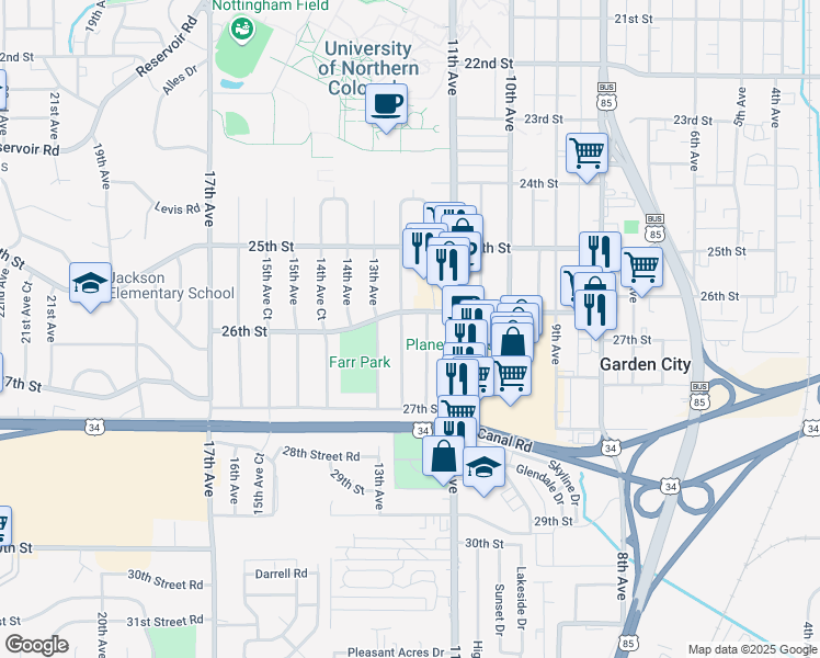 map of restaurants, bars, coffee shops, grocery stores, and more near 2608 12th Avenue Court in Greeley