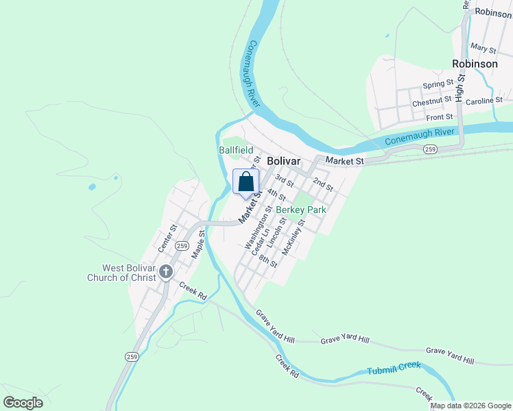 map of restaurants, bars, coffee shops, grocery stores, and more near 529 Market Street in Bolivar