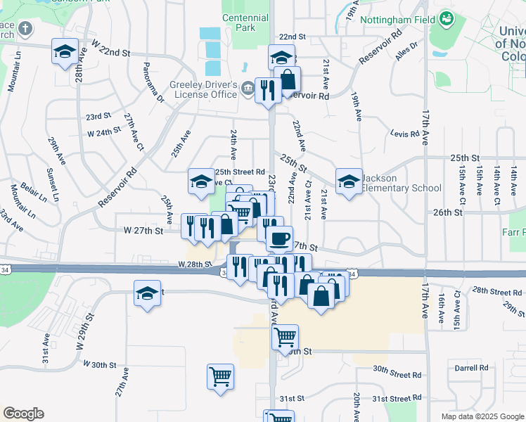map of restaurants, bars, coffee shops, grocery stores, and more near 2633 23rd Avenue in Greeley