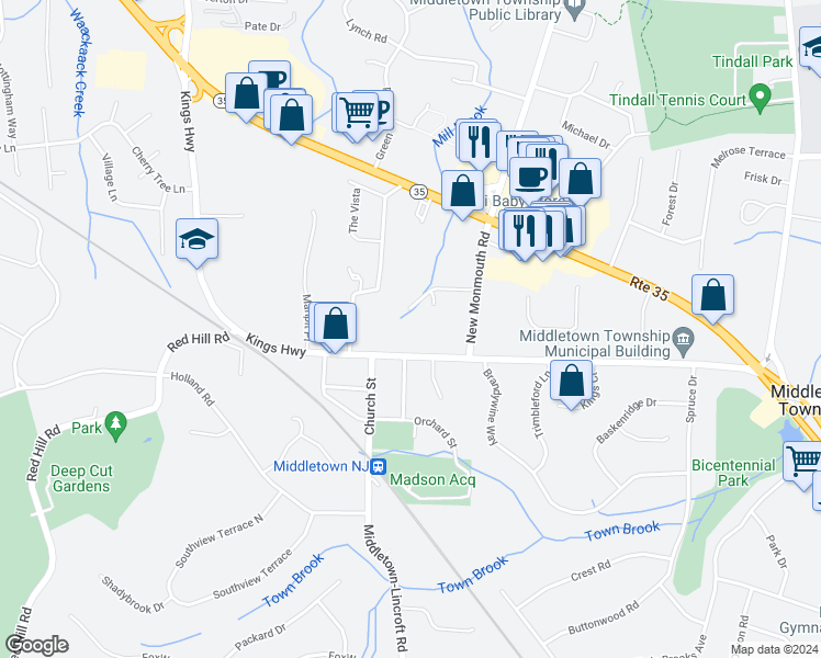 map of restaurants, bars, coffee shops, grocery stores, and more near Conway Road in Middletown