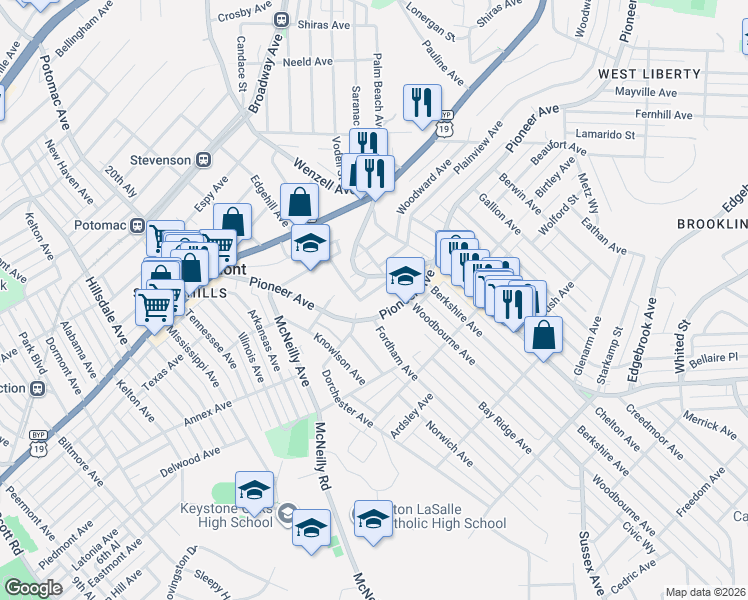 map of restaurants, bars, coffee shops, grocery stores, and more near 2831 Shawhan Avenue in Pittsburgh