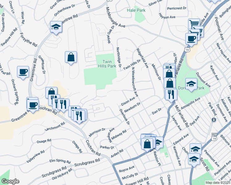 map of restaurants, bars, coffee shops, grocery stores, and more near 349 Shadowlawn Avenue in Pittsburgh