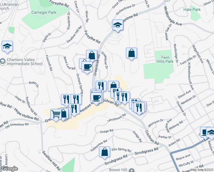 map of restaurants, bars, coffee shops, grocery stores, and more near 340 Highpointe Drive in Pittsburgh