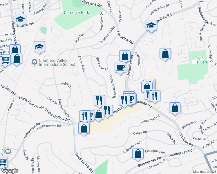 map of restaurants, bars, coffee shops, grocery stores, and more near 252 Orchard Spring Road in Pittsburgh