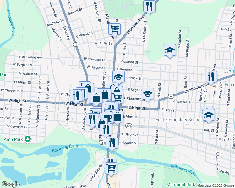 map of restaurants, bars, coffee shops, grocery stores, and more near 112 North Main Street in Mount Vernon