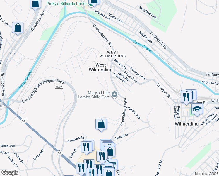 map of restaurants, bars, coffee shops, grocery stores, and more near 102 Grand Avenue in North Versailles