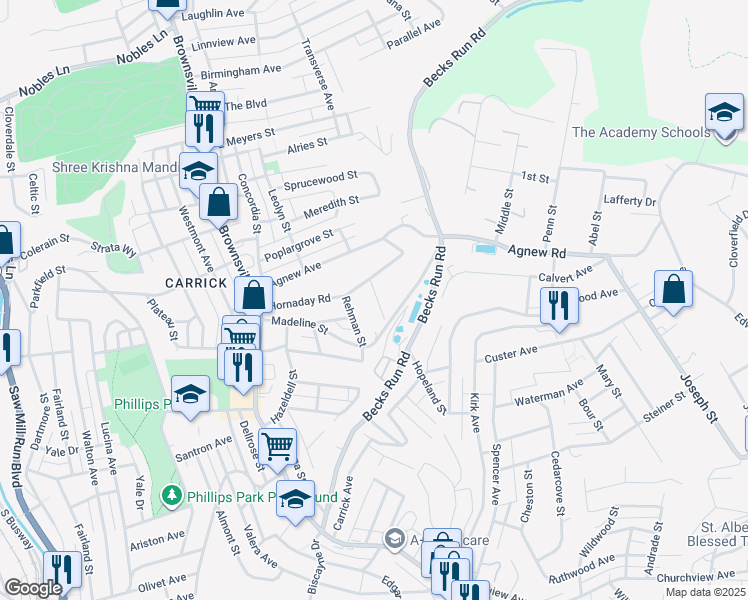 map of restaurants, bars, coffee shops, grocery stores, and more near 2038 Redrose Avenue in Pittsburgh