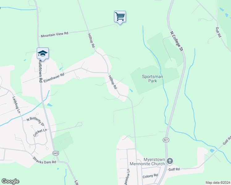 map of restaurants, bars, coffee shops, grocery stores, and more near 819 Hilltop Road in Myerstown