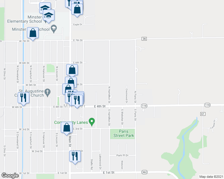 map of restaurants, bars, coffee shops, grocery stores, and more near 82 N Hamilton St in Minster
