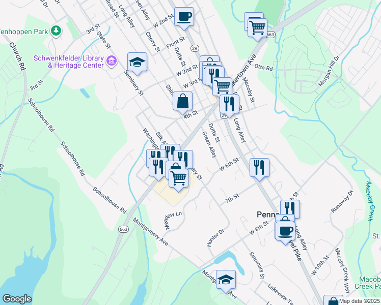 map of restaurants, bars, coffee shops, grocery stores, and more near 290 Pottstown Avenue in Pennsburg