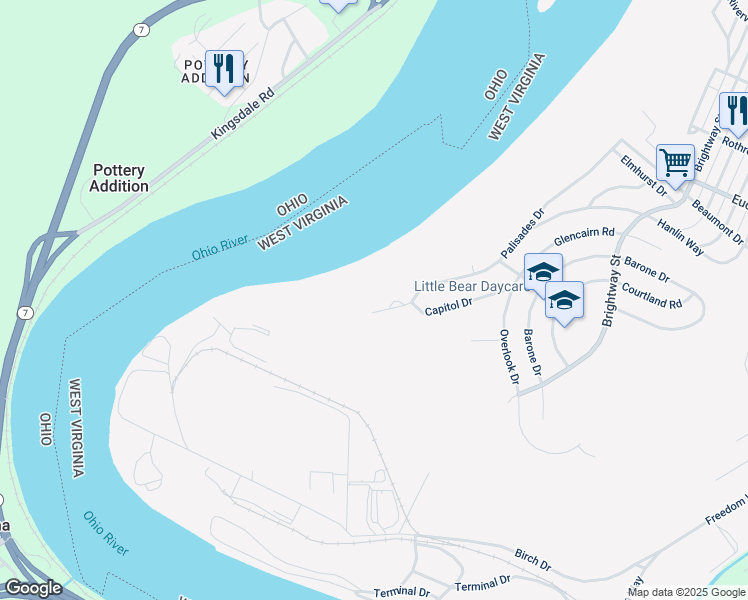map of restaurants, bars, coffee shops, grocery stores, and more near 4049 Palisades Dr in Weirton
