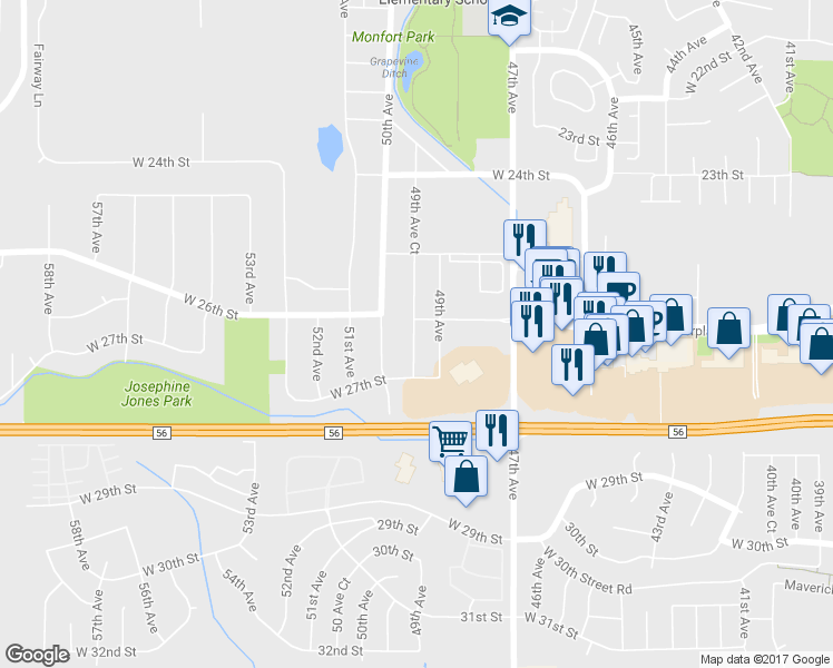 map of restaurants, bars, coffee shops, grocery stores, and more near 2606 49th Avenue Court in Greeley