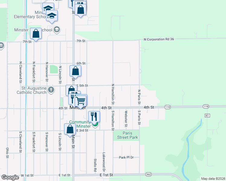 map of restaurants, bars, coffee shops, grocery stores, and more near 82 North Hamilton Street in Minster