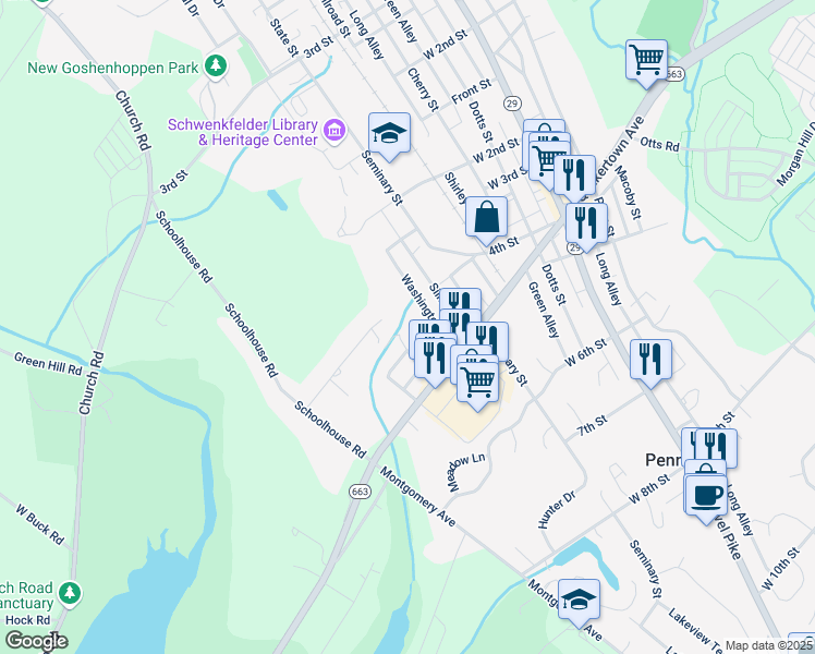map of restaurants, bars, coffee shops, grocery stores, and more near 429 Washington Street in Pennsburg