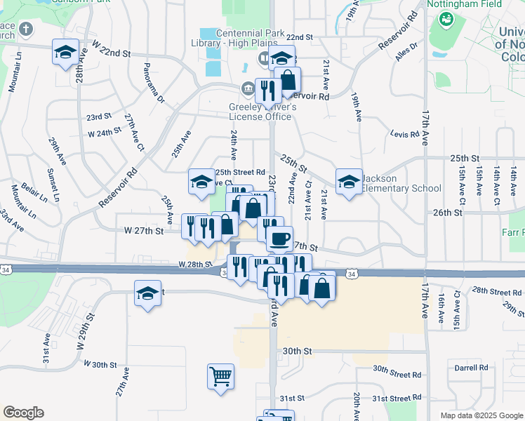 map of restaurants, bars, coffee shops, grocery stores, and more near 2633 23rd Avenue in Greeley