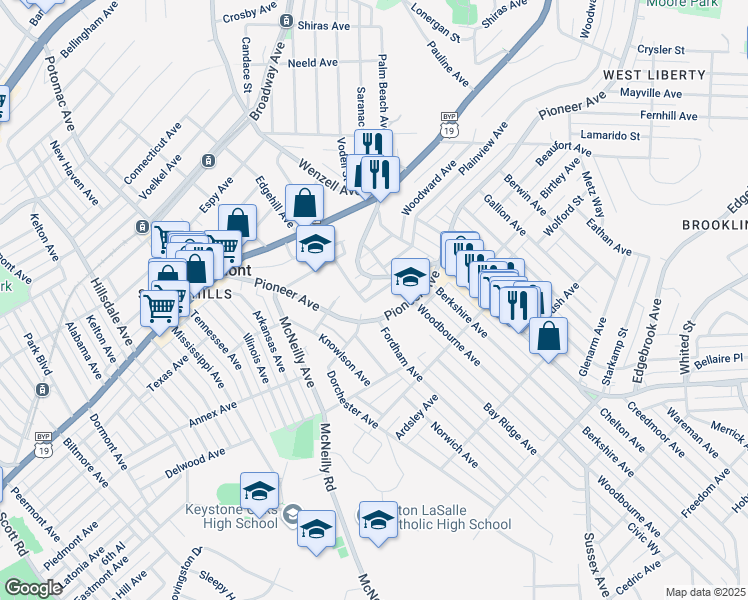 map of restaurants, bars, coffee shops, grocery stores, and more near 2831 Shawhan Avenue in Pittsburgh