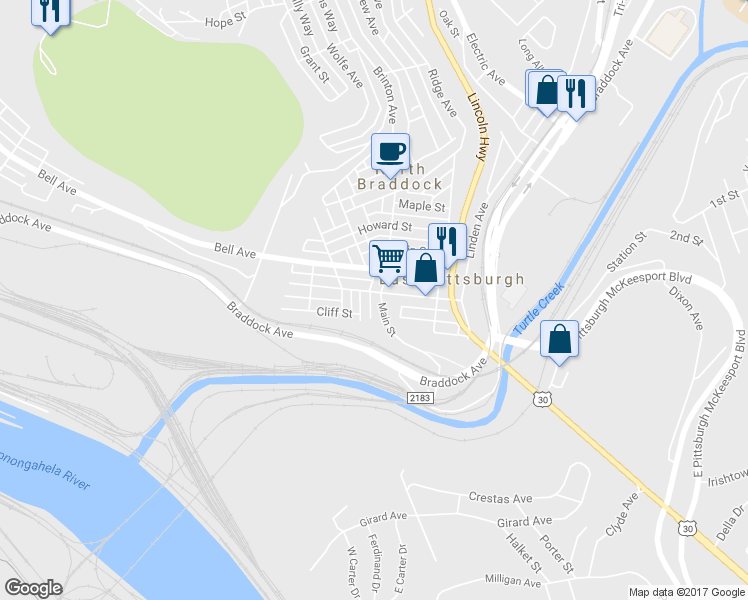 map of restaurants, bars, coffee shops, grocery stores, and more near 412 Bessemer Ave in East Pittsburgh