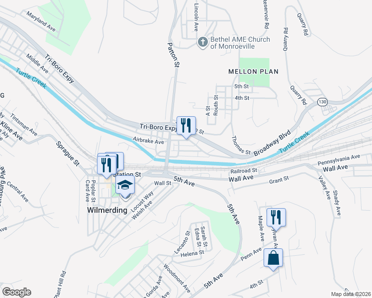 map of restaurants, bars, coffee shops, grocery stores, and more near 140 Watkins Avenue in Wilmerding