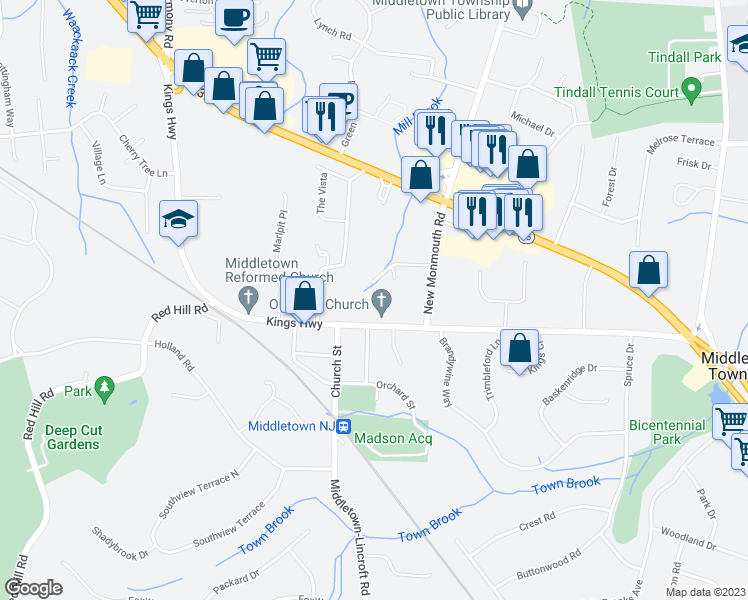 map of restaurants, bars, coffee shops, grocery stores, and more near 22 Winding Brook Way in Middletown Township