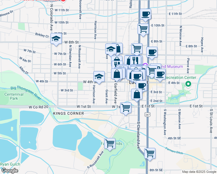 map of restaurants, bars, coffee shops, grocery stores, and more near 320 Grant Avenue in Loveland