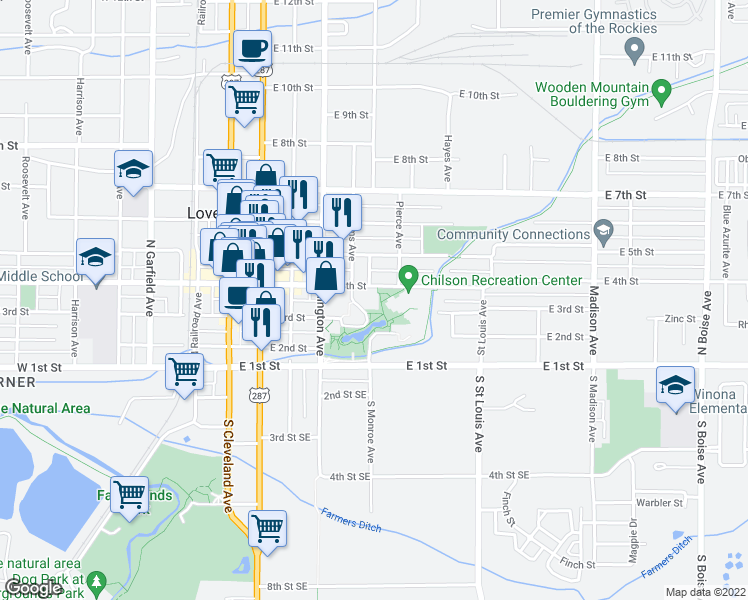map of restaurants, bars, coffee shops, grocery stores, and more near 300 North Adams Avenue in Loveland