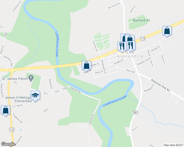 map of restaurants, bars, coffee shops, grocery stores, and more near 404 West Main Street in New Alexandria