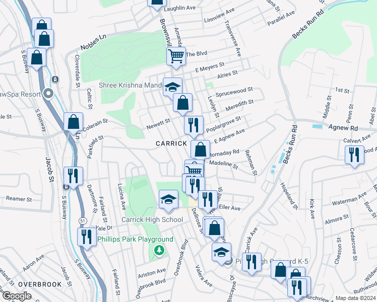 map of restaurants, bars, coffee shops, grocery stores, and more near 1927 Westmont Avenue in Pittsburgh