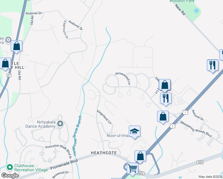 map of restaurants, bars, coffee shops, grocery stores, and more near 6 Sassafras Lane in South Brunswick Township