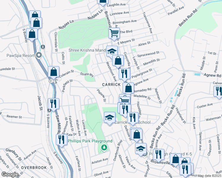 map of restaurants, bars, coffee shops, grocery stores, and more near 1913 Mount Joseph Street in Pittsburgh