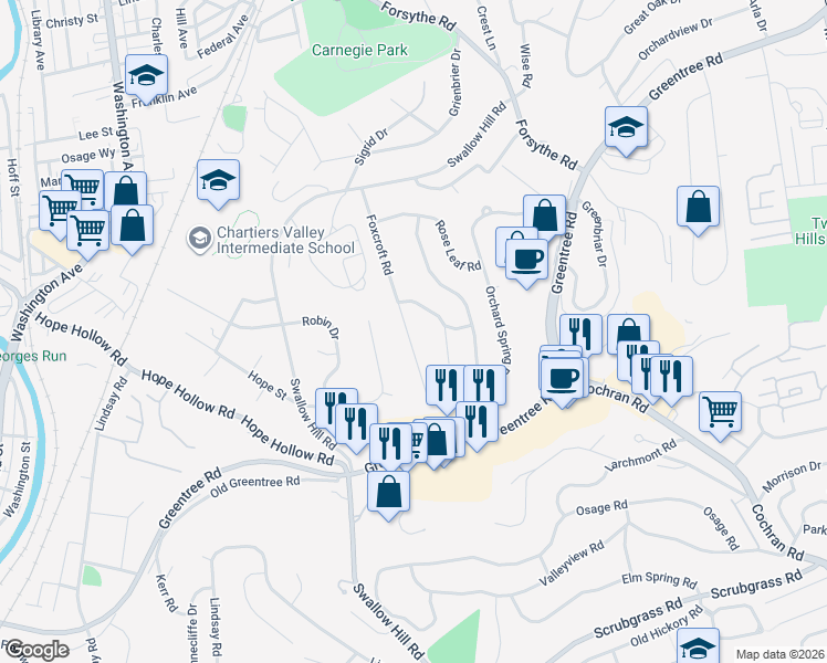map of restaurants, bars, coffee shops, grocery stores, and more near 233 Foxcroft Road in Pittsburgh