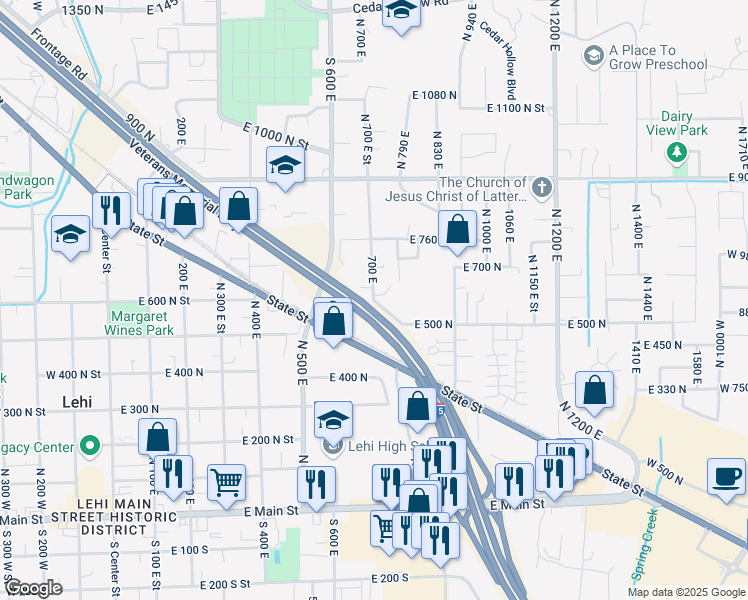 map of restaurants, bars, coffee shops, grocery stores, and more near 428 East 500 North in Lehi