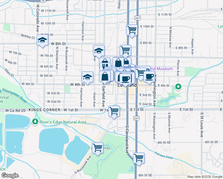 map of restaurants, bars, coffee shops, grocery stores, and more near 323 Railroad Avenue in Loveland