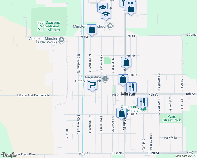map of restaurants, bars, coffee shops, grocery stores, and more near 85 N Hanover St in Minster