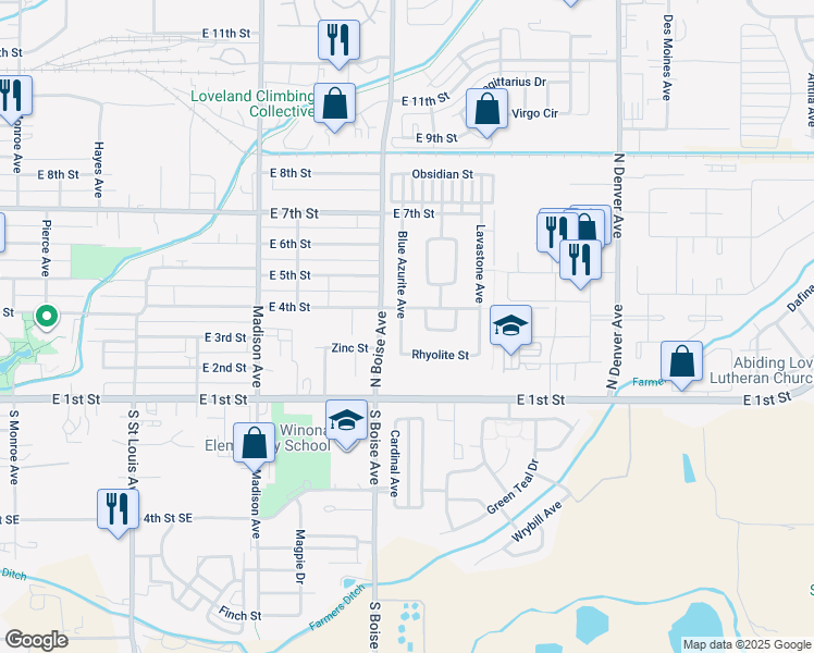 map of restaurants, bars, coffee shops, grocery stores, and more near 374 Blue Azurite Avenue in Loveland