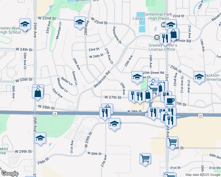 map of restaurants, bars, coffee shops, grocery stores, and more near 2701 West 26th Street Road in Greeley