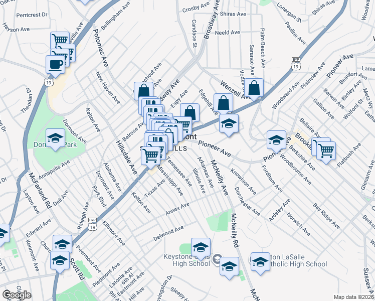 map of restaurants, bars, coffee shops, grocery stores, and more near 1363 Arkansas Avenue in Pittsburgh