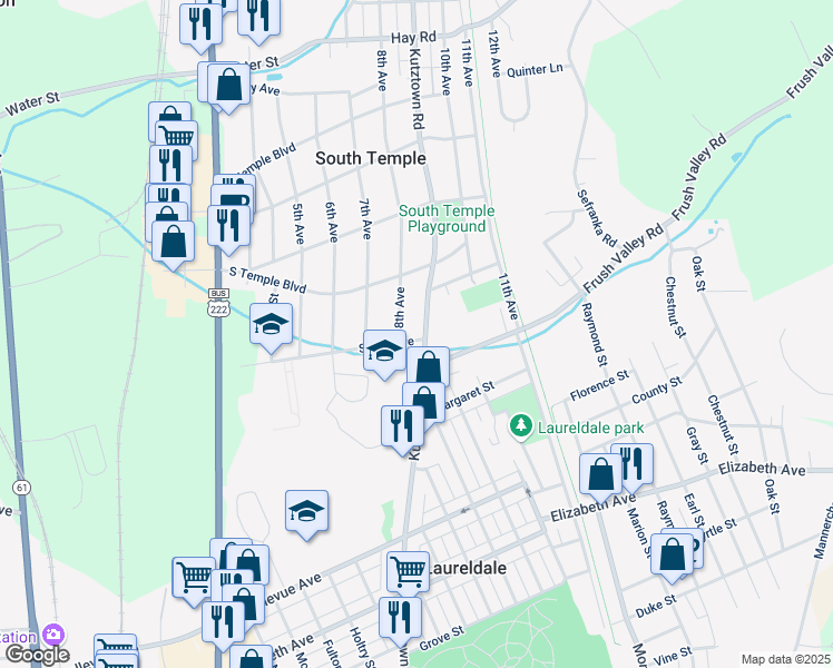map of restaurants, bars, coffee shops, grocery stores, and more near 4000 Kutztown Road in Temple
