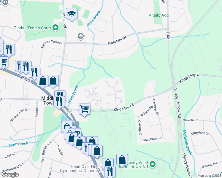 map of restaurants, bars, coffee shops, grocery stores, and more near 3 Pennybrook Lane in Middletown Township