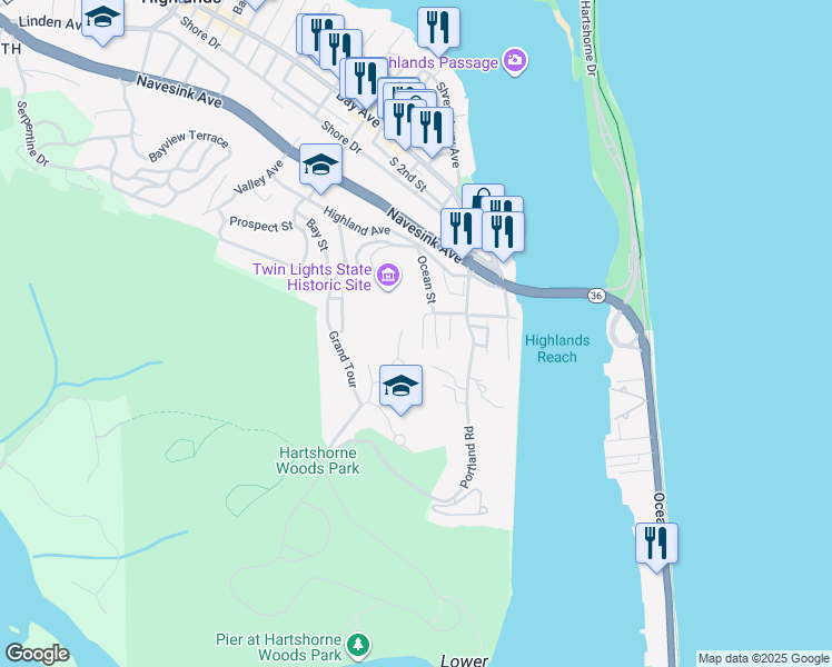 map of restaurants, bars, coffee shops, grocery stores, and more near 4 Twinlights Court in Highlands