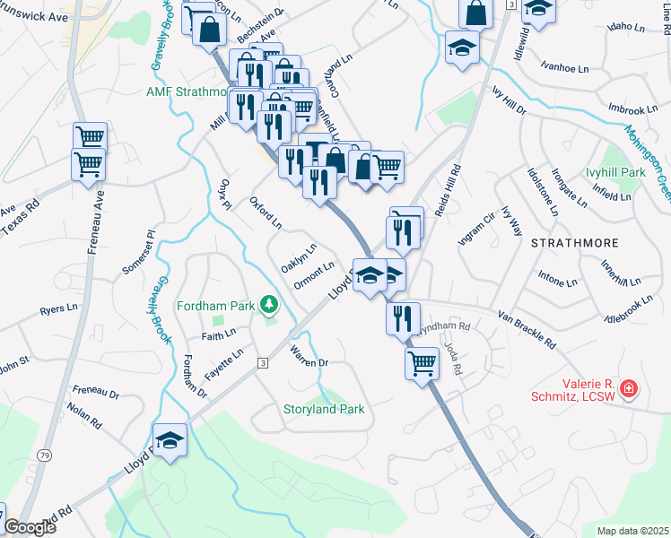 map of restaurants, bars, coffee shops, grocery stores, and more near 34 Ormont Lane in Matawan