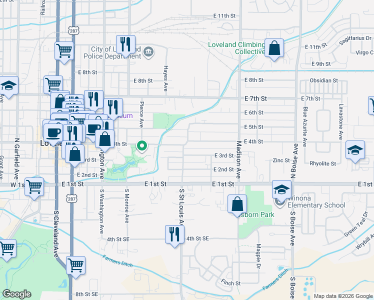 map of restaurants, bars, coffee shops, grocery stores, and more near 1141 East 3rd Street in Loveland